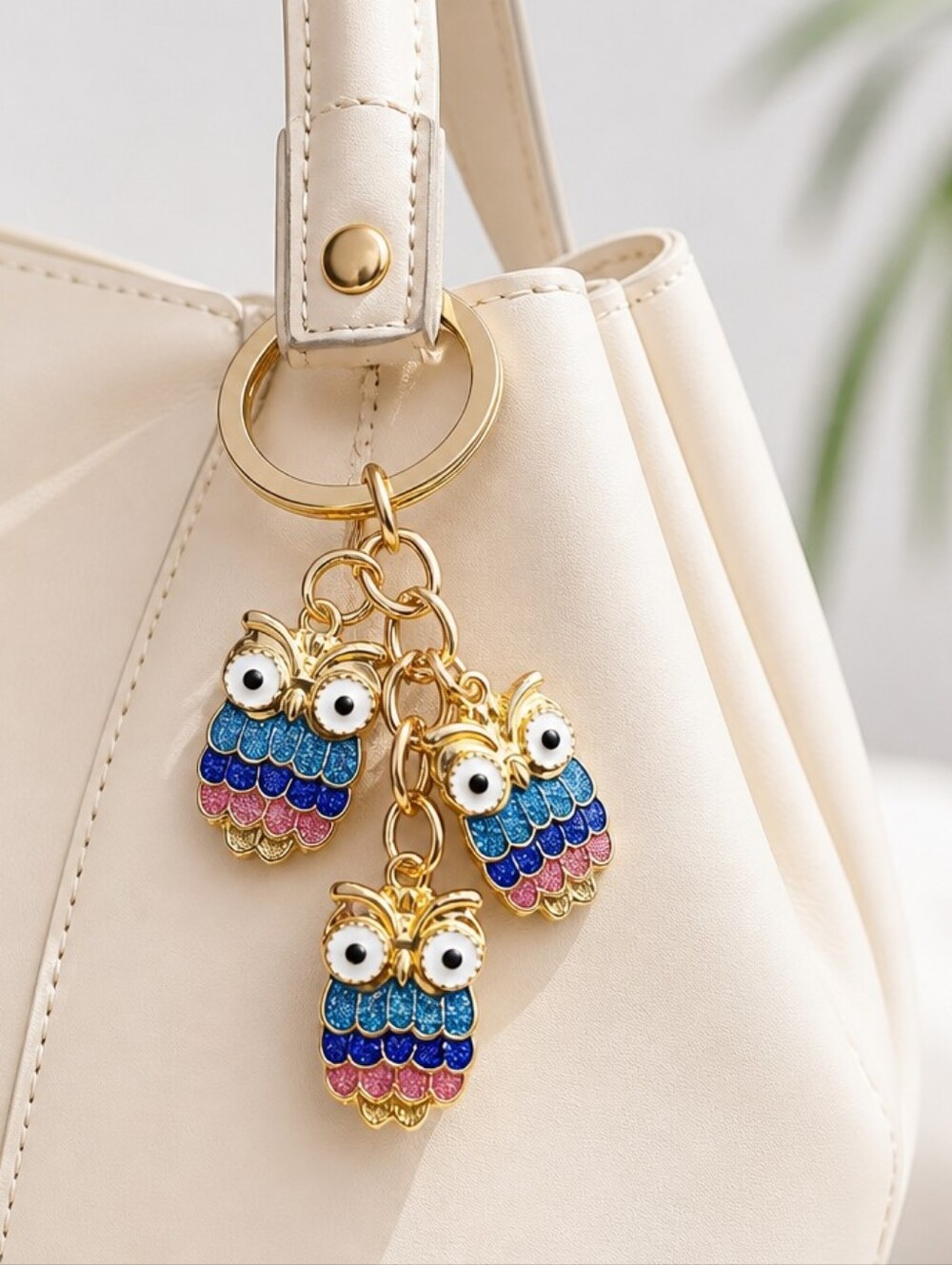 Whimsical Owl Keychain Gold Glitter Bag Charm Kawaii Cottagecore Keyring Gift